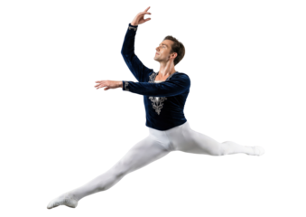 Male ballet dancer performing grand jeté isolated on white background