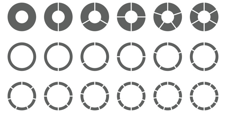 Circle divides on 1 to 9 equal parts. Wheel round diagram part symbol. Infographic element round shape, Circle semicircle quarter shapes. Black segmented circle set.