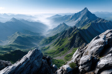 Majestic mountain peaks and valleys under blue sky