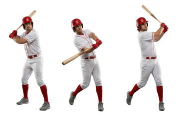 Baseball player in batting stance swinging bat isolated on white background