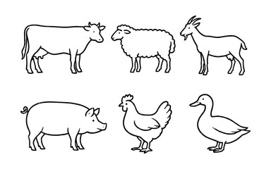 Collection of simple line art farm animals including a cow, sheep, goat, pig, chicken, and duck
