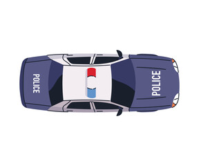 Police car top view, municipal road cops transport, 911 auto transport from above, emergency municipal service, overhead, policeman automobile, security service flat vector illustration. © PaleStudio