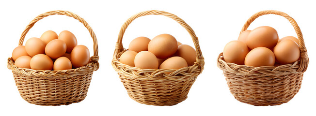 Fresh eggs in wicker basket isolated on transparent background.