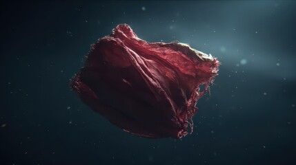 Abstract red particle cloud with dark blue background and subtle light rays