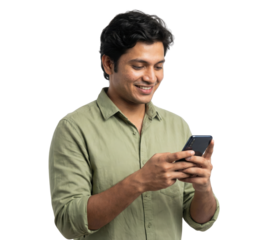 Smiling young man using smartphone on white background