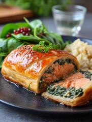 Salmon wellington with spinach and puff pastry on plate