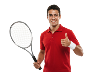 Smiling tennis player in red polo holding racket giving thumbs up