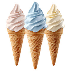 Three soft serve ice cream cones with pastel flavors isolated on transparent background.