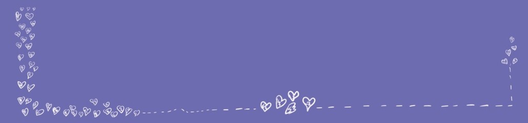 Minimal hand drawn heart border on purple background with copy space. Cute romantic doodle frame for love, valentine, wedding, greeting card, banner and social media design.
