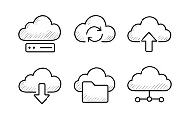 Hand-drawn cloud computing icons representing data storage, sync, upload, download, and network