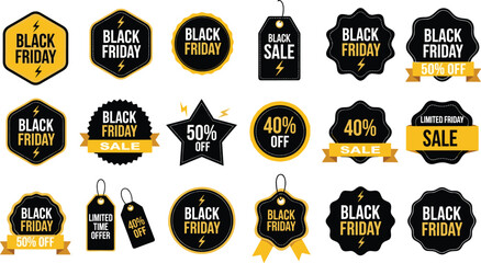 Black Friday sale badge collection with discount labels, price tags, and promotional stickers, modern marketing vector set