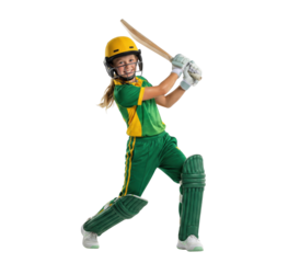Smiling young girl cricket batter in green uniform isolated on white