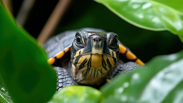 Detailed view of a red eared slider turtle emerging from lush green leaves in its native environment, gazing directly at the camera with a sense of curiosity