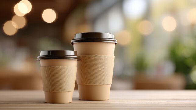 Two coffee cups on a wooden table