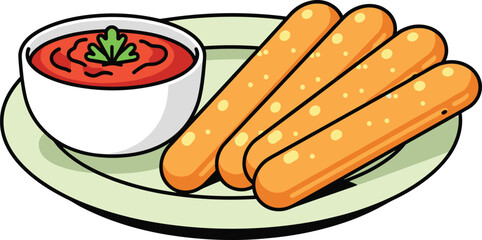 Breadsticks with tomato dipping sauce on plate, cute cartoon appetizer food illustration isolated on white background