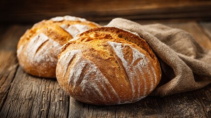 Freshly baked artisanal bread loaves, beautifully presented on a rustic wooden table, evoke a sense of warmth and comfort, perfect for culinary enthusiasts and baking lovers alike.