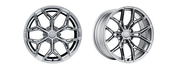 car wheel , alloy wheel chrome colour set photo isolated on a white background.