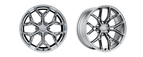 car wheel , alloy wheel chrome colour set photo isolated on a white background.