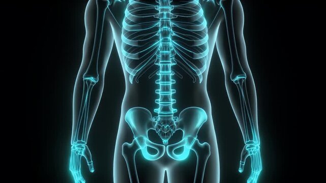 Advanced glowing 3D human skeleton visualization on a dark background, showcasing detailed bone structure for medical study and anatomical understanding