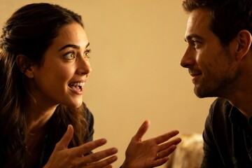 Couple having an animated discussion with smiles and gestures indoors