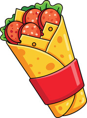 Cheesy wrap sandwich with salami and lettuce, colorful cartoon fast food illustration isolated on white background