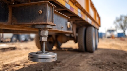Close up of a rusty yellow dump truck s metal stabilizer leg resting on the dirt ground