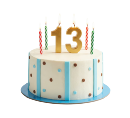 13th birthday cake with candles isolated on white background