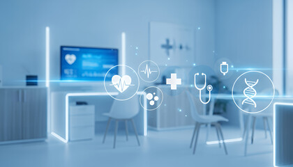 Clean and minimalist medical workspace enhanced with floating health icons, symbolizing modern diagnostics, patient data visualization, and technology driven healthcare services.