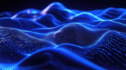 Abstract blue wave surface showing a vast network of glowing data points, representing digital information flow, technology, and interconnectedness in a future oriented concept