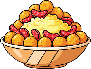 Traditional sausage and potato dish in bowl, hearty comfort food cartoon illustration isolated on white background