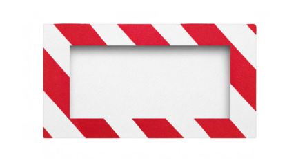 Red and white diagonal striped rectangular frame, isolated on transparent background, with empty center space, suitable for warning, notice, or festive decoration design
