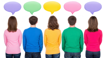 Group of people standing in row with colorful speech bubbles above their heads, wearing bright sweaters, expressing communication and teamwork, viewed from behind