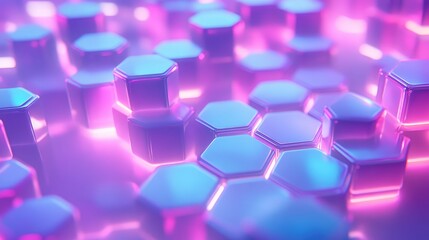Hexagonal shapes forming a vibrant abstract background with glowing neon light, symbolizing modern network connections, advanced computing, and future technology data streams