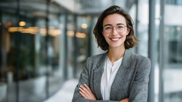 15Businesswoman standing proudly in office corridor with arms folded, sleek design elements and glass panels surrounding her, conveying confidence and authority