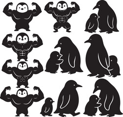 Funny Penguin Silhouettes with Family and Muscular Cartoon Characters