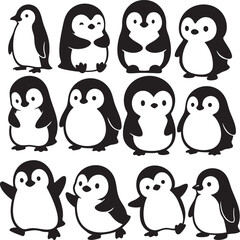 Cute Cartoon Penguin Characters Set in Simple Black and White Style