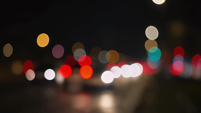 Defocused bokeh lights of city traffic at night. Blurry abstract background of colorful car headlights and taillights moving on busy street, 4k.