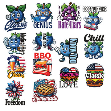 A fun and colorful graphic bundle featuring cute blueberry mascots with different moods, BBQ food illustrations, and patriotic American elements. Perfect for t-shirts, stickers, apparel, print-on Dema