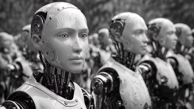 Row of futuristic robots showcasing advanced ai technology and precision engineering