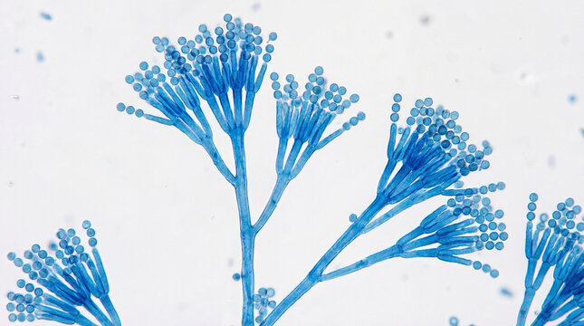 Penicillium mold fungus microscopic structure showing blue colored conidiophores with spherical spore chains branching pattern for microbiology mycology scientific research and medical study