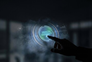 Remote Health Solutions concept. Interactive digital interface with a hand touching a glowing button.