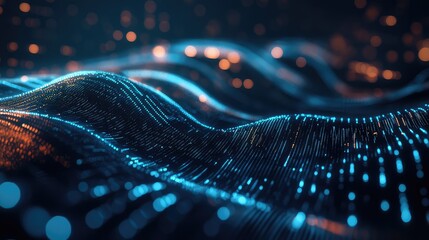 Digital particles form an undulating blue and orange wave surface, visualizing flowing data, network connectivity, big data streams, and futuristic technology and communication systems