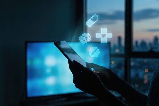 Remote Health Solutions concept. Mobile health app concept with digital interface in background. - Powered by Adobe