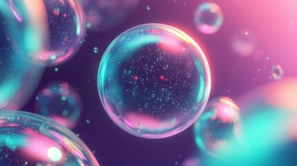 Bubbles with iridescent surfaces and tiny particles floating elegantly in a dynamic abstract environment, reflecting glowing pink, purple, and teal light, creating a modern and ethereal visual