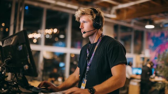 24Young director wearing headphones, monitoring a take on the screen as the crew fine-tunes camera angles and sound equipment in a spacious creative workspace