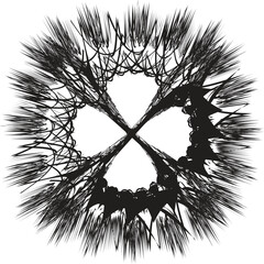 Vector art of a spiraled floral design. The black and white clover shaped image features stylized swirls.