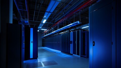 A futuristic bluelit server room with rows of computer racks