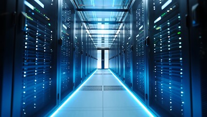 A futuristic bluelit server room with rows of computer racks