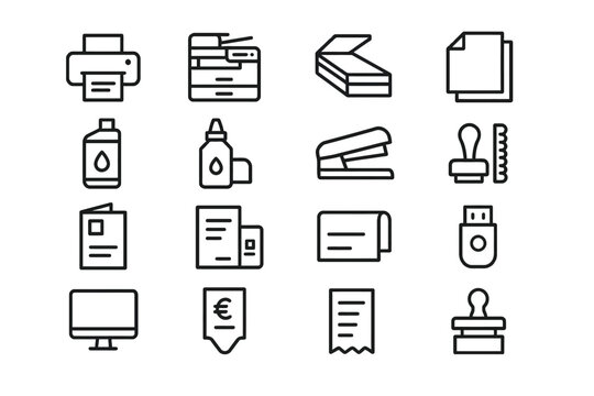 Office supplies icons set including printer, scanner, and usb drive