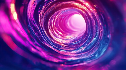 Abstract tunnel forming a dynamic swirling pattern in bright neon pink, purple, and blue hues, representing concepts of technology, data, connection, and futuristic movement